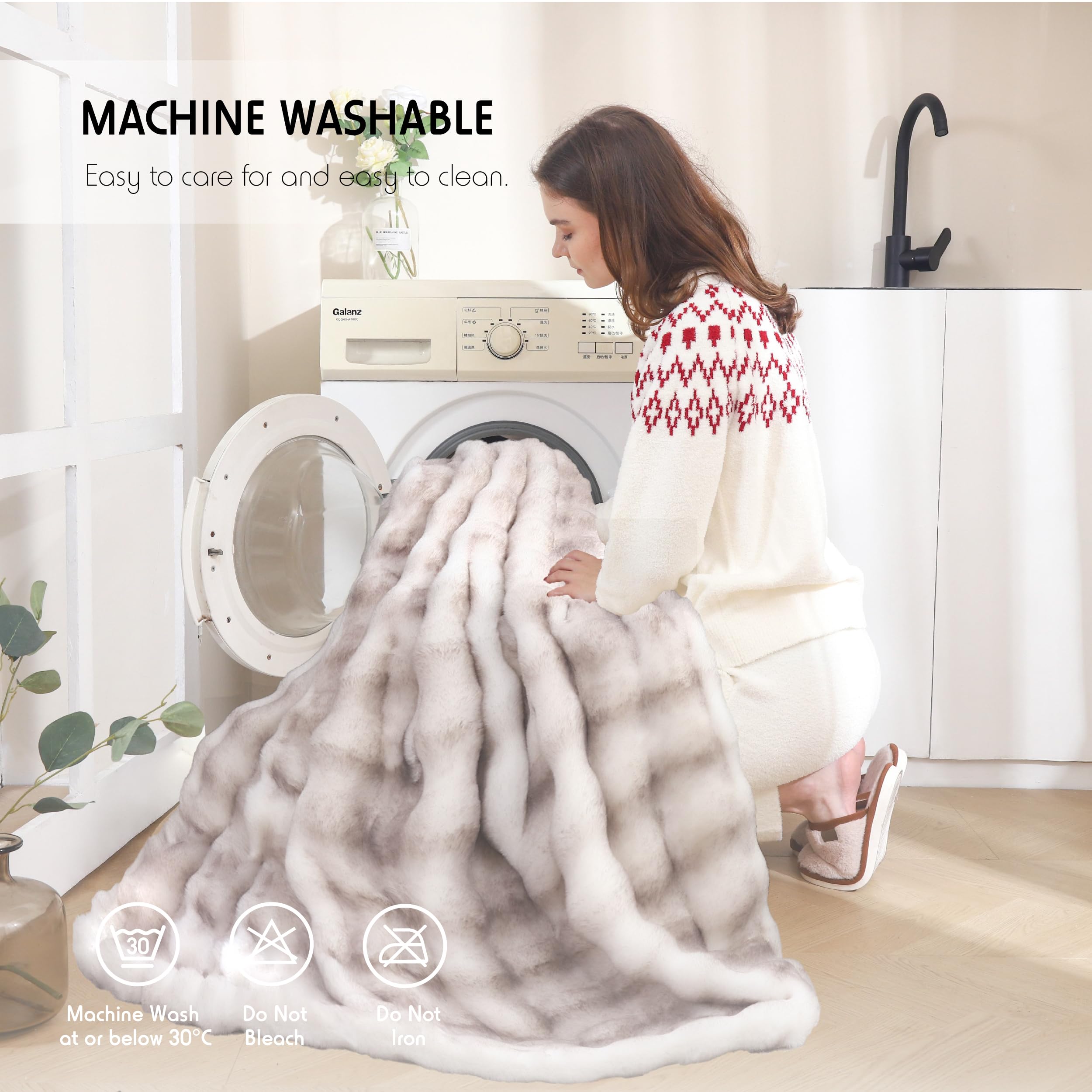 HRLMP Faux Rabbit Fur Throw Blanket for Couch 1000GSM Fuzzy Plush Warm Soft Bubble Blanket for Bed, Fluffy Thick Cozy Reversible Throw for Couch Sofa Chair Living Room (Grayish White, Twin-60"x80")