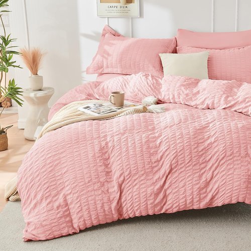 HYMOKEGE Queen Comforter Set - Luxurious Rose Pink Seersucker 7-Piece Bedding Set for All Seasons