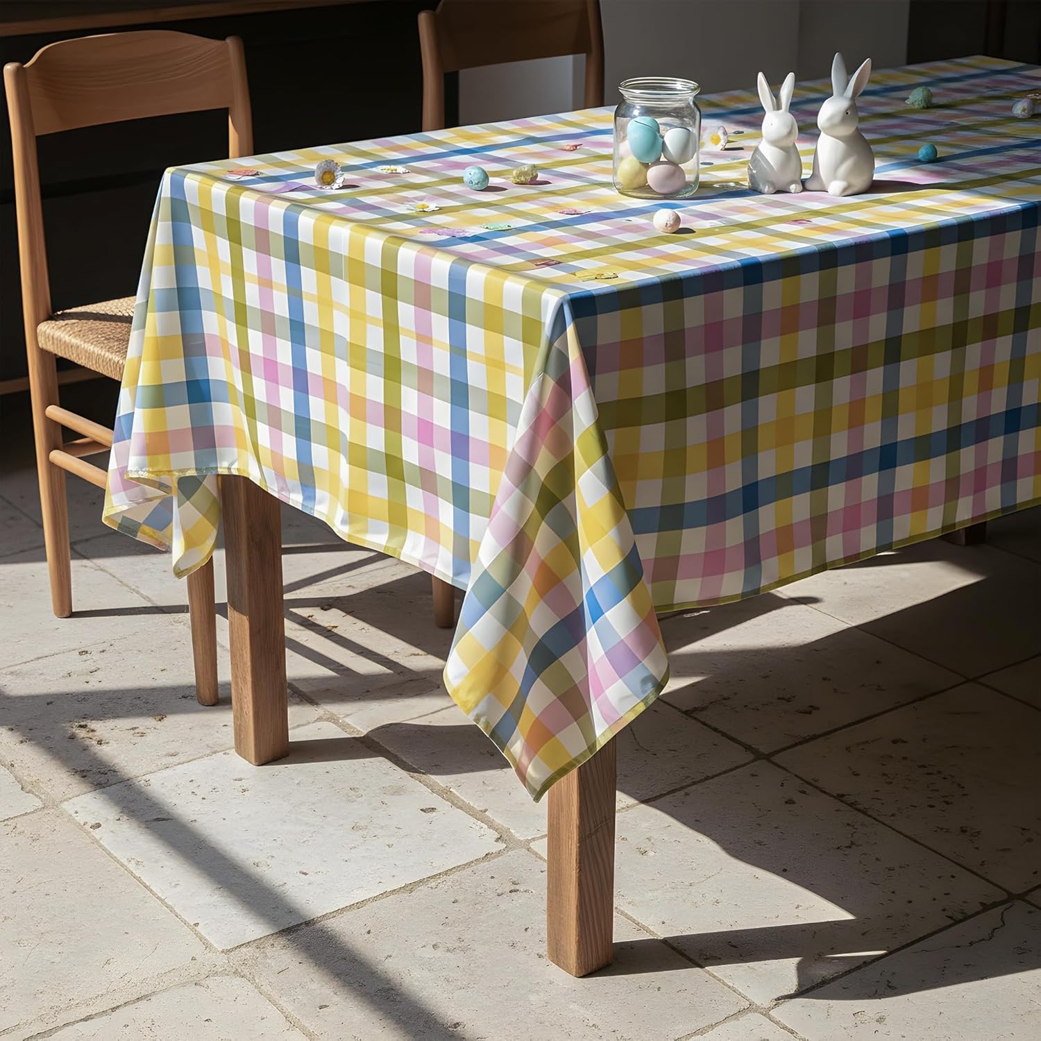 Pastel Checkered Tablecloth by Easter - Waterproof Polyester Fabric for Spring Parties | 60 x 84 in