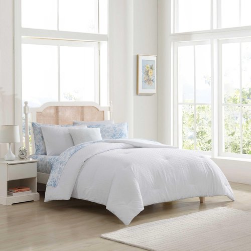 Laura Ashley - Twin XL Comforter Set, Soft Embossed Diamond Bedding, 6 Piece Bonus Bed Set with Matching Shams, Bed Sheets & Throw Pillow (Margaret White)