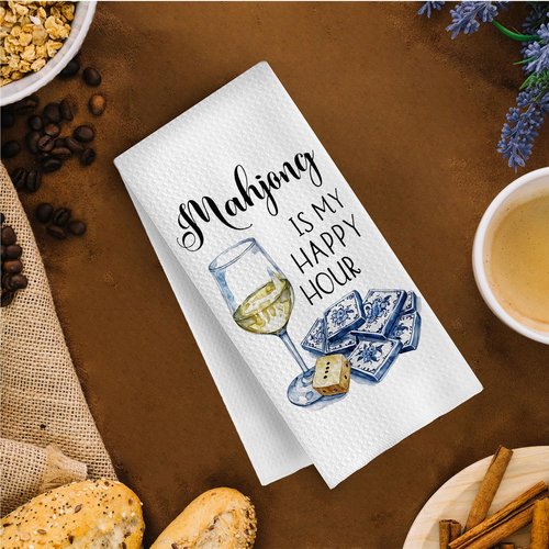 GCFET Mahjong Gifts Kitchen Decor - Mah Jong Wine Decorative Waffle Weave Dish Towels for Kitchen, Mah Jong Tea Hand Towels, Wine Gifts for Women, 16x24 Inch