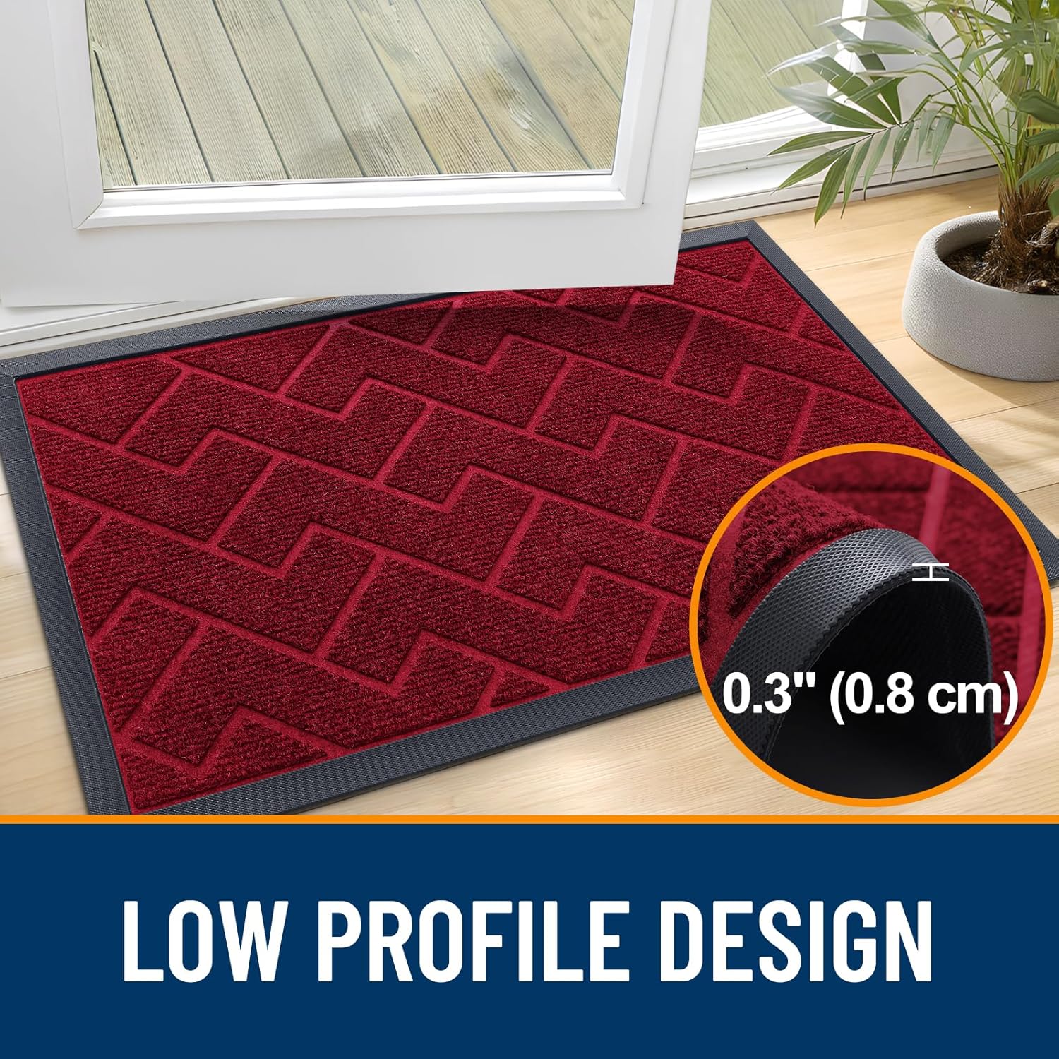 OLANLY Waterproof Front Door Mat - All-Season Herringbone Design | Easy Clean, Low Profile, Wine Red (59x35)