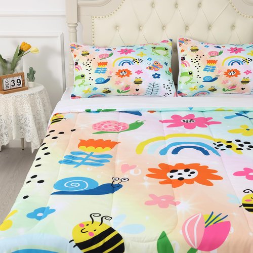 FUYEUN Rainbow Comforter Sets Full Size Cartoon Frogs Bedding Sets for Girls Kids Teens Boys Flowers Butterfly Bees Snails Insects Cute Kawaii Quilt 1 Comforter + 2 Pillow Cases