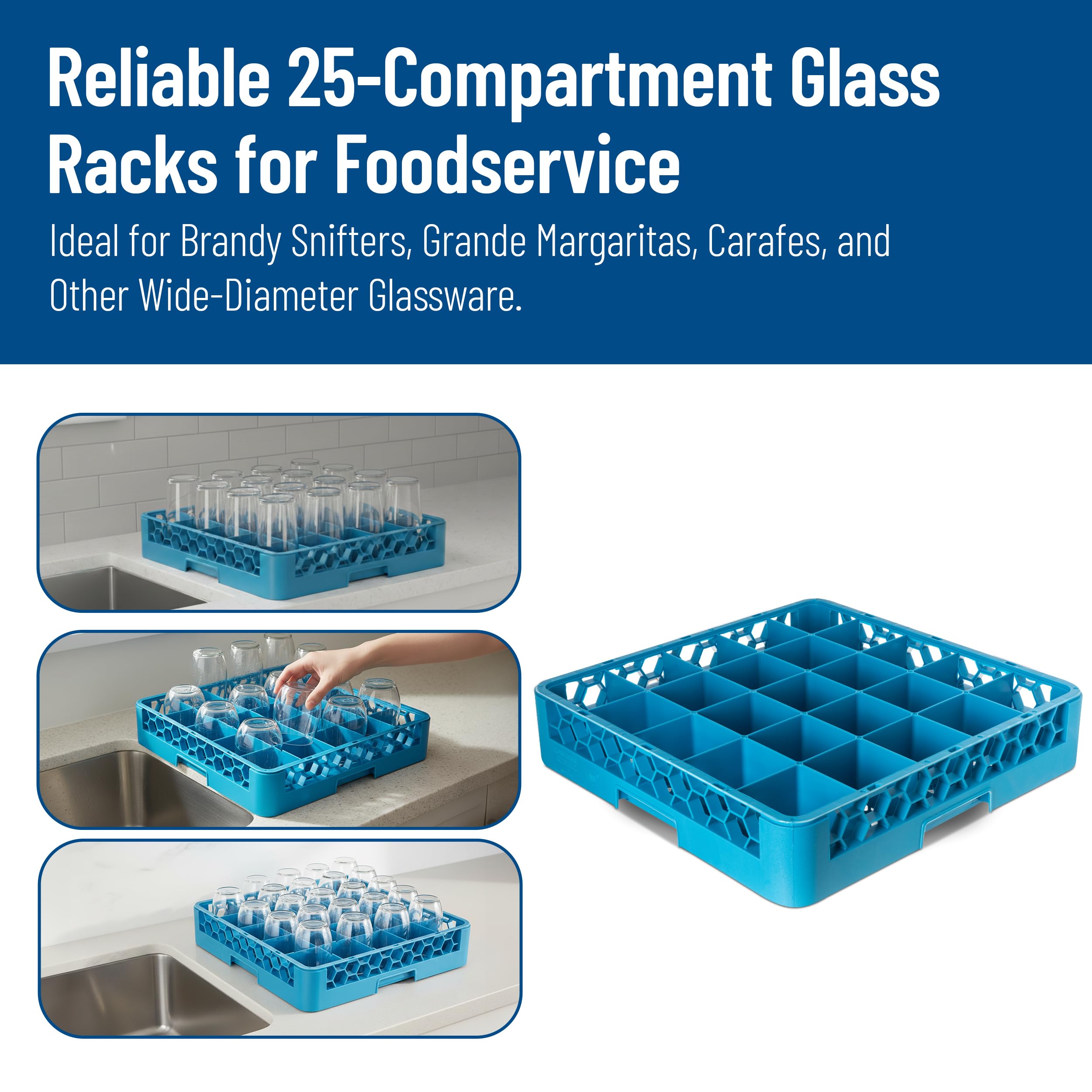 Carlisle FoodService Products OptiClean 25 Compartment Glass Racks – Fits 3.25" Diameter Red Wine Goblets, Beverage Glasses, Rocks Glasses, Tamper Proof Restaurant Kitchen, Blue