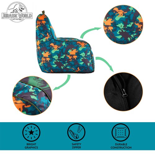 Jurassic World Kids Bean Bag Chair,Blue 18” x 18” Nylon Chair with Piping and Top Carry Handle, Lightweight & Portable Seating for Kids Room