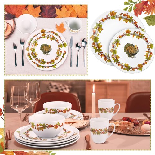 Reallnaive 16 Pcs Thanksgiving Dinnerware Sets for 4 Rustic Autumn Tableware Fall Thanksgiving Salad Plate Harvest Soup Cereal Bowl Mug Dinnerware Sets with Berry Fall Maple Leaves Turkey Service