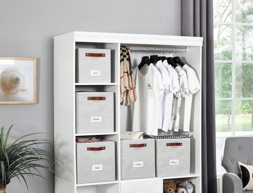 DECOMOMO Storage Baskets - 13x15x13 Cube Bins with Labels for Organized Shelves | Light Grey (4pcs)