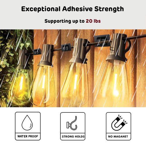 ChoiHeiy 50Pcs Hooks for Outdoor String Lights With Waterproof Adhesive Strip, Heavy Duty Christmas Light Clips for Outside, Patio Outdoor Hooks, Black