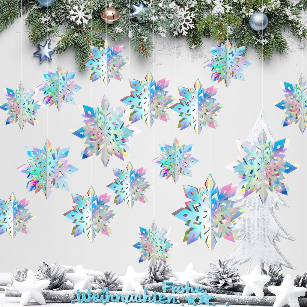 Skiennix 12Pcs Winter Snowflake Ornaments - 3D Iridescent Hanging Decorations | Perfect for Holiday Home Decor