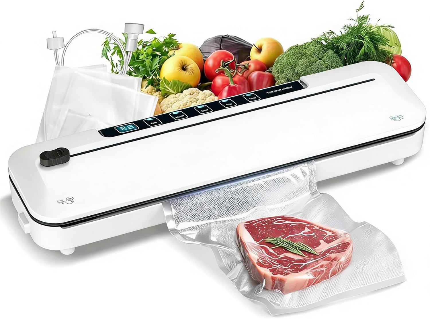 Vacuum Sealer Machine - 6-in-1 Dry/Moist Modes with Digital Timer & Built-in Cutter | Compact Design + 10 Bags (White)