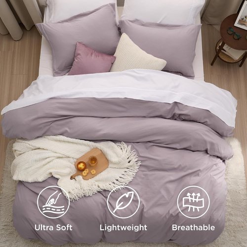 Bedsure King Size Duvet Cover Set - Dusty Purple, Extra Soft Prewashed Cotton-Like Bedding, 3 Pieces