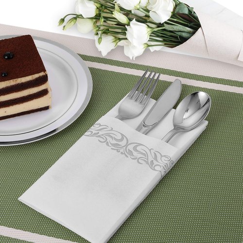 FOCUSLINE 100 Linen Feel Bathroom Napkins, Soft and Absorbent Disposable Guest Towels, Cloth-Like Paper Hand Towels Decorative Napkins for Dinners, Parties, Weddings or Events, Silver, 12" x 17"
