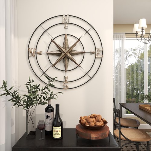 Deco 79 Metal Compass Home Wall Decor Indoor Outdoor Wall Sculpture with Distressed Copper Like Finish, Wall Art 32" x 2" x 32", Gray