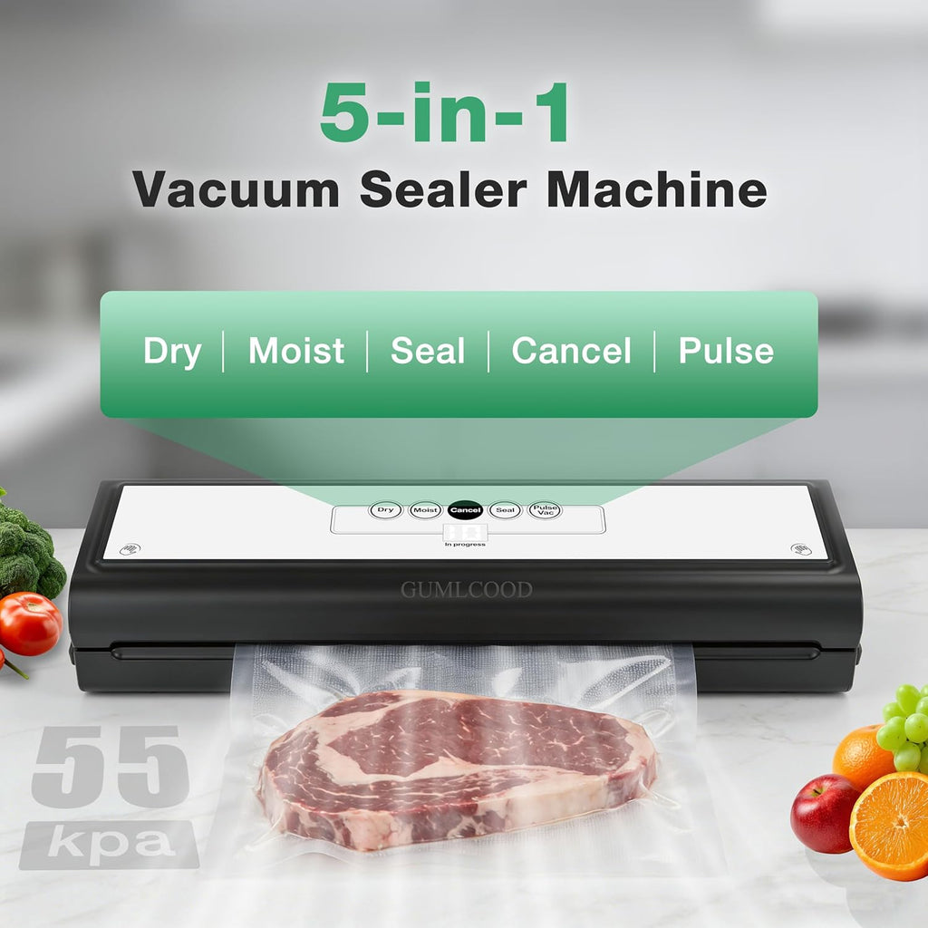 Skiennix Automatic Vacuum Sealer Machine - 5-in-1 Food Sealer with 10 Storage Bags for Moist & Dry Food