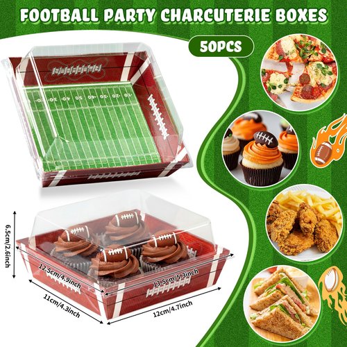 Potchen 50 Pack Football Party Charcuterie Boxes with Clear Lids Rugby Paper Snack Tray with Window Dessert Cake Box for Pizza Taco Fries Football Theme Birthday Game Day Supplies Favors