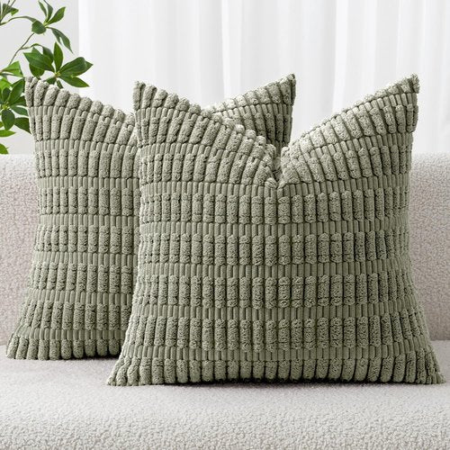MIULEE Corduroy Throw Pillow Covers - Soft Boho Striped Design | 18x18 Inch Light Olive Green, Set of 2