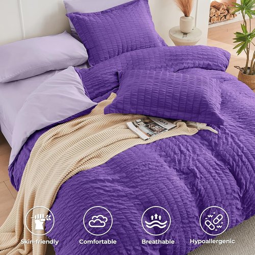 HYMOKEGE Twin Comforter Set - Dark Purple & Lavender Seersucker | 5-Piece All-Season Luxury Bedding Set