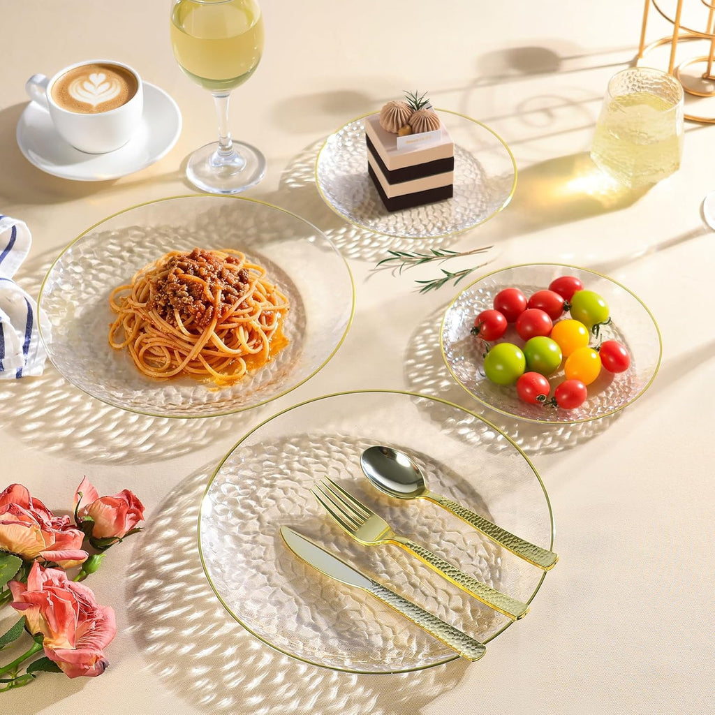 Regine Switzerland Crystal Clear Plastic Plates - Elegant Gold Rim Disposable Dinnerware Set | 50 Pcs (25 Dinner & 25 Salad Plates) for Weddings & Parties
