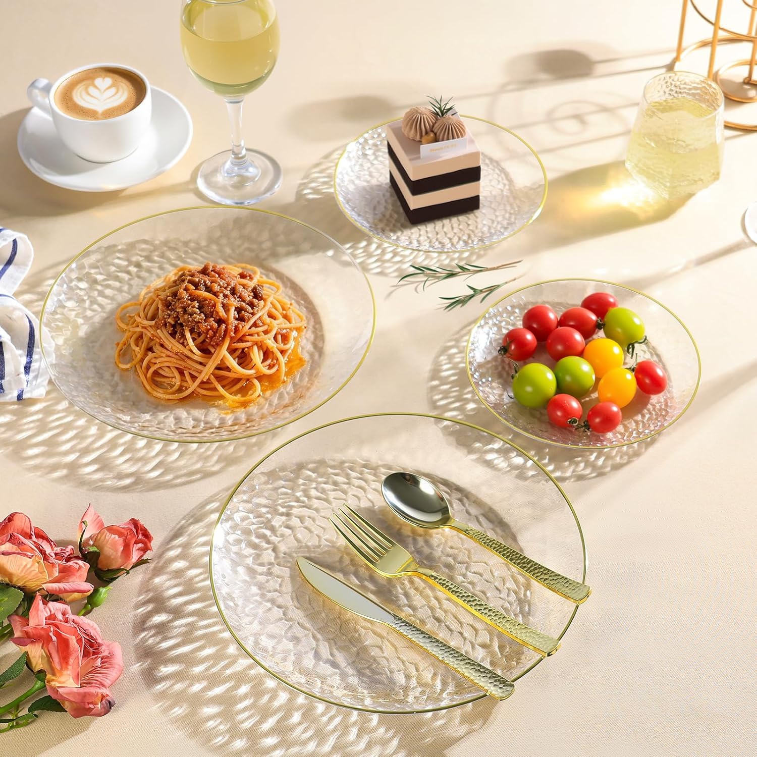 Regine Switzerland Crystal Clear Plastic Plates - Elegant Gold Rim Disposable Dinnerware Set | 50 Pcs (25 Dinner & 25 Salad Plates) for Weddings & Parties
