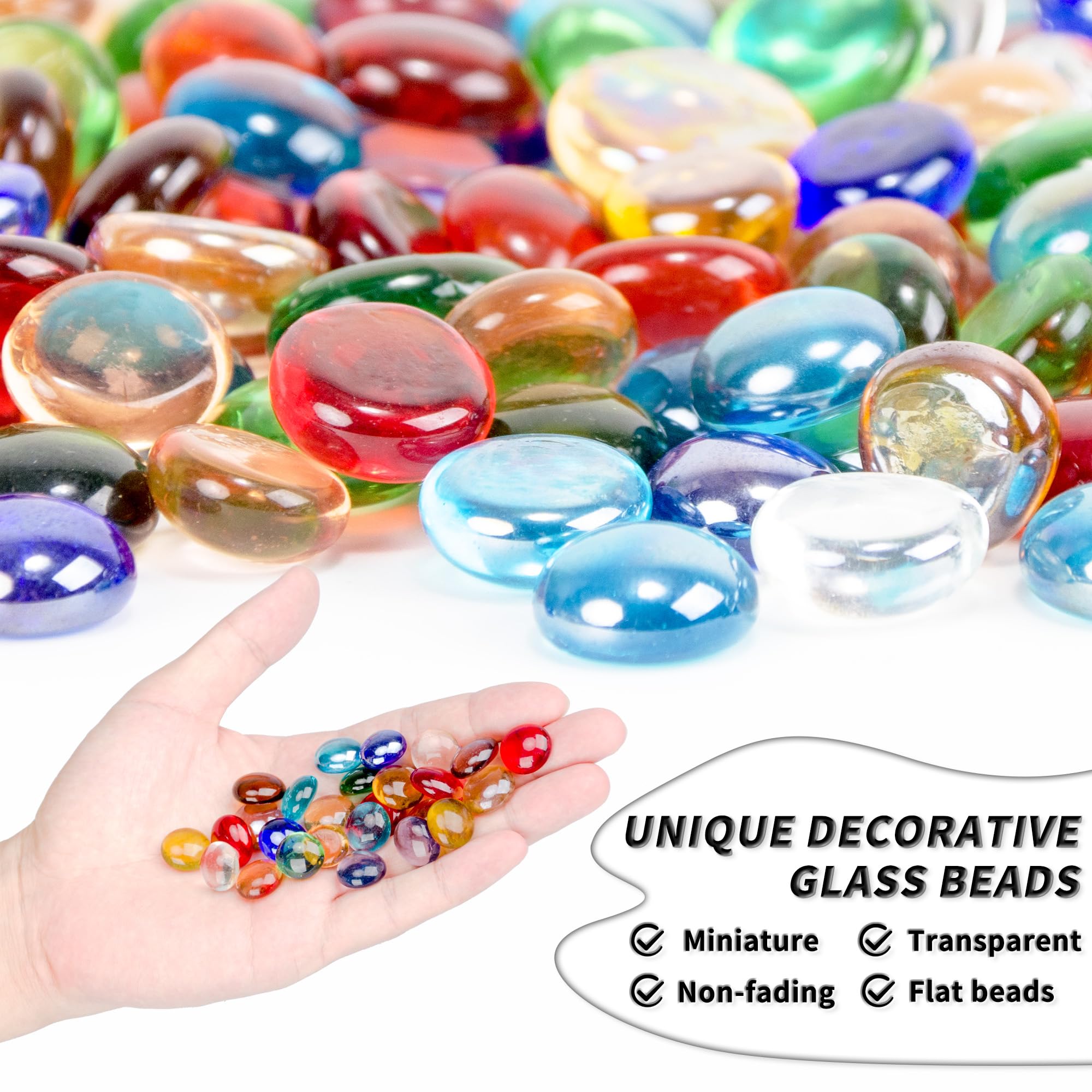 1 LB Mixed Color Flat Glass Beads, 160-180PCS Small Glass Marbles, Mini Flat Round Pebbles for Vase Filler and Floral, Fish Tank Rocks Decorative Gemstones for Home and Aquarium Décor