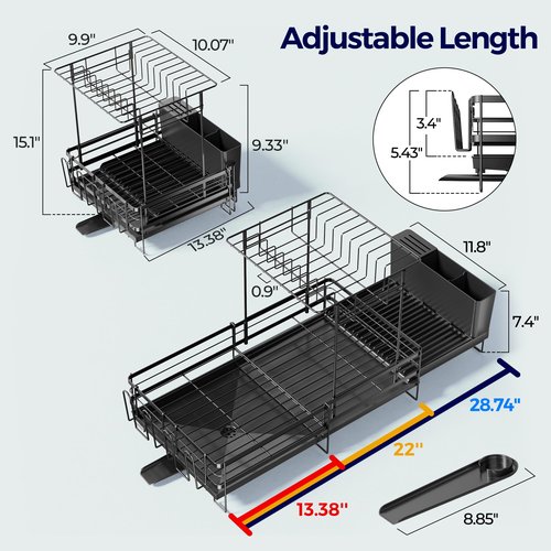 Pantasia 2 Tier Large Dish Drying Rack, Expandable Dish Rack for Kitchen Counter, Dish Drainer with Drainboard Set, Multifunctional Dishrack with Utensil Holder & Cup Holder, 13.4"-28.7" L x 11.8" W