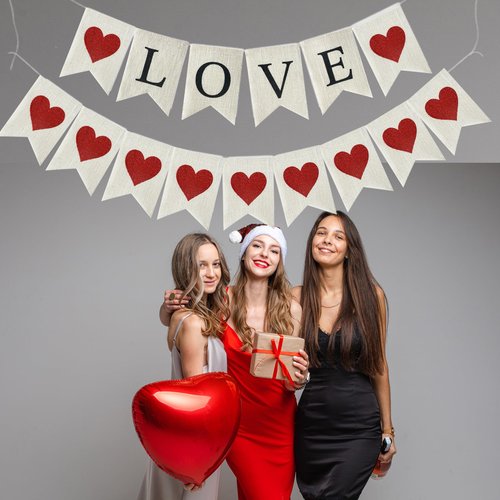 Valentine's Day Burlap Banner Decorations - Pre-Strung Love & Red Glitter Heart Garland, Rustic Anniversary Wedding Decor, No-Shed Glitter Heart Bunting for Mantel, Party, Office