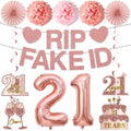 Yatufom 21st Birthday Decorations for Her, Pre-Strung 21st Birthday Rip Fake ID Banner 21 Balloon Hanging Swirls Paper Pompoms & Fans for Girl, Pink Rose Gold 21 Year Old Party Decor Supplies