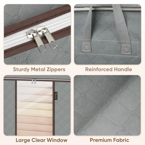 BALEINE 2 Pack Clothes Storage Bags, 16 Gallon Storage Containers with Reinforced Handle, Sturdy Zipper, Closet Organizer for Blanket, Comforter, Pillow, Bedding (Grey, 2 Pack)