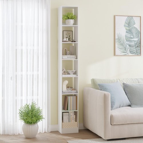 Hzuaneri Bookcase, Tall Narrow Bookshelf, Open Display Storage Shelf, Skinny Cube Book Shelf with Adjustable Shelves, CD Rack for Living Room, Home Office 7-Tier(9.4 x 11.8 x 84.3 inch) White BC79703X