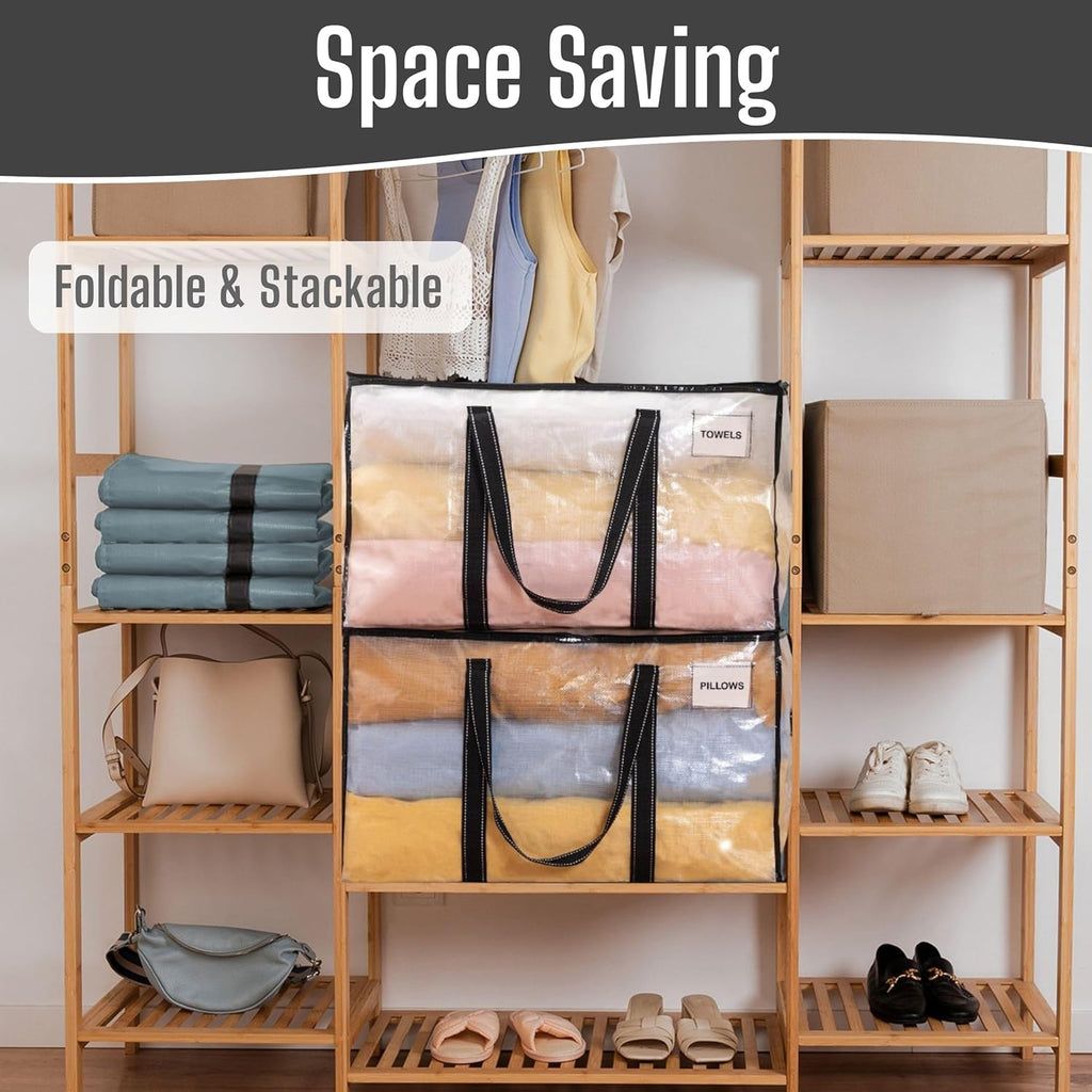 VENO Clear Moving Bags - 90L Extra Large Transparent Storage Totes with Heavy-Duty Reinforced Handles & Zippers
