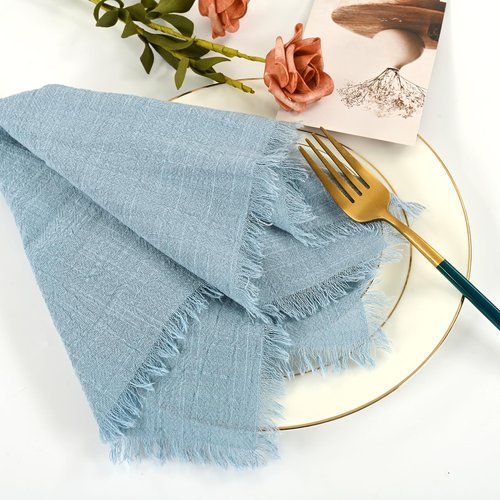 50 Pack Dusty Blue Handmade Cloth Napkins 16 x 16 Inch Cotton Linen Napkins with Fringe, Washable and Reusable Napkins, Soft Rustic Boho Fringe Cloth Napkins for Dinners,Parties, Wedding