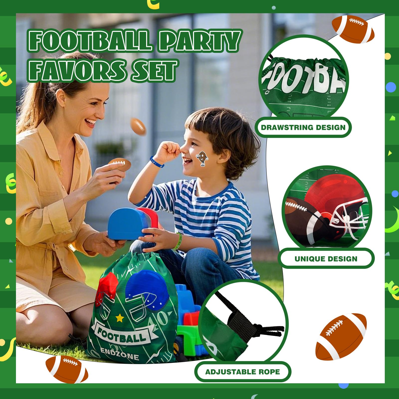 Yeepestmi 110Pcs Football Party Favors Drawstring Bags Football Goodie Bag with Mini Ball, Wristband, Slap bracelets, Keychains, Stickers for Football Party Supplies