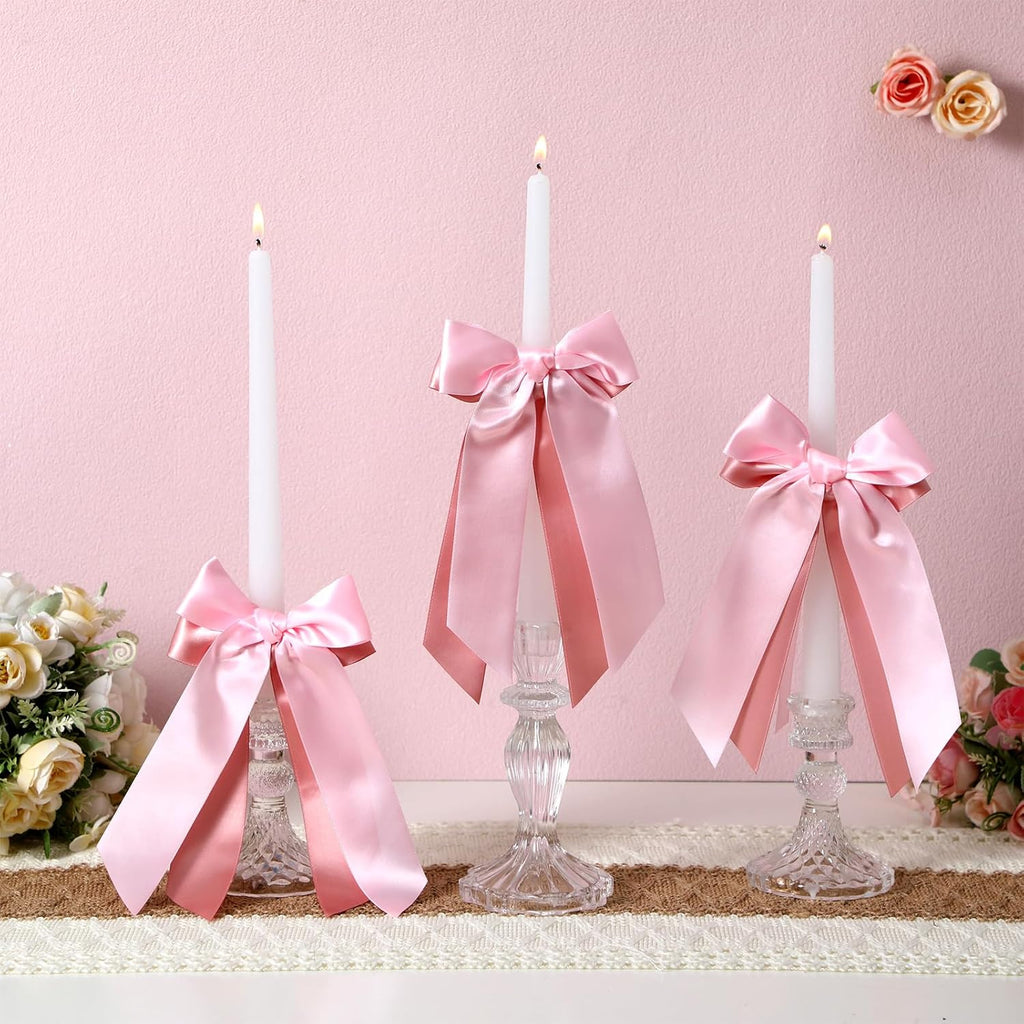 Skiennix 12 Pcs Pink Candlestick Bows - Double-Layer Satin Ribbon Pre-Tied Bowknot for Weddings & Parties