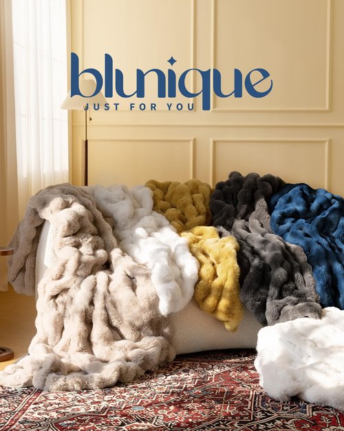 blunique Ultra Soft Cozy Faux Fur Throw Blanket, Fuzzy Plush Thick Bubble Blanket, Oversize Luxury Fluffy Blanket for Couch, Sofa, Bedroom, and Living Room,50x60 Inches,Blue