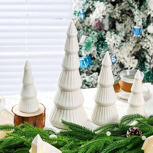 4 Pcs 12.5inch Ceramic Christmas Tree White Table Top Christmas Decorations Indoor Vintage Porcelain Lighted Tree for Holiday Decor (Beige)
