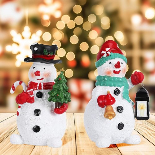 Amosfun Christmas Snowman Figurines - 2pcs Resin Ornaments for Holiday Decor | 6 Inch Tall Centerpieces
