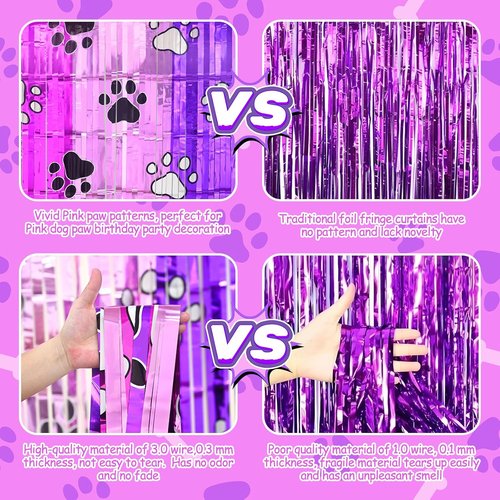 Bupelo Pink Paw Birthday Decorations - 2 Pack Tinsel Foil Fringe Curtains | Dog Party Backdrop 3.3 x 6.6ft