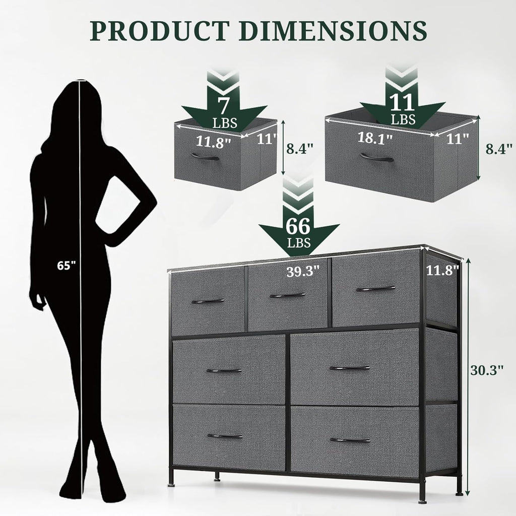 Skiennix 7-Drawer Dresser - Anti-Tip Wide Storage Organizer with Wooden Top | Gray Fabric Chest for Bedroom, Living Room, Hallway