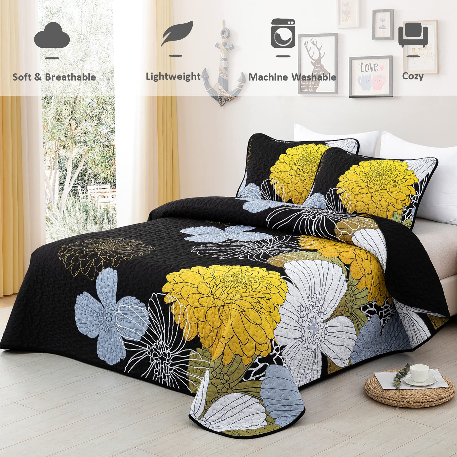 Yellow Floral Quilts California King Size Coverlet Set - 3 Pieces Lightweight Black Cal King Bedspread with 2 Pillowcases - All Season Soft Microfiber Reversible Bedding Quilt Set (Yellow/Black)