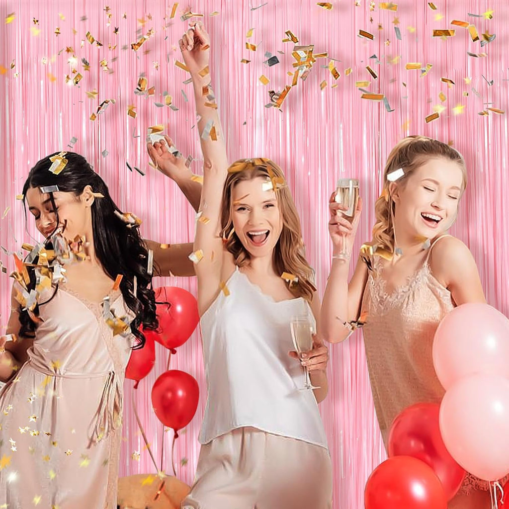 Skiennix Pastel Pink Metallic Tinsel Foil Fringe Curtains - 2 Pack 3.3x8.3 Feet Backdrop for Events