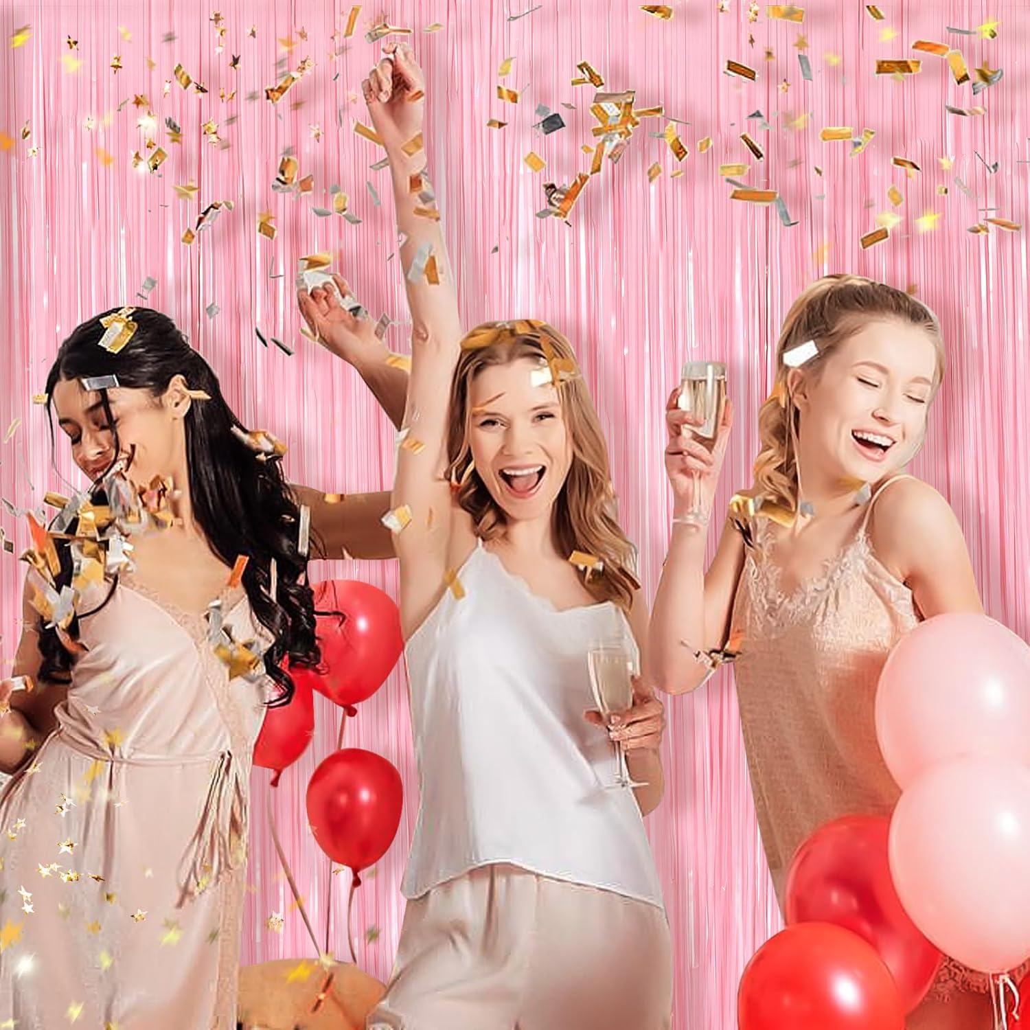 Skiennix Pastel Pink Metallic Tinsel Foil Fringe Curtains - 2 Pack 3.3x8.3 Feet Backdrop for Events