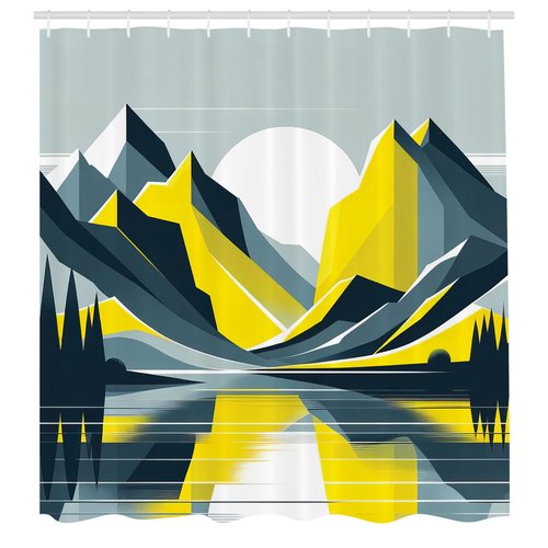 Ambesonne Lake Shower Curtain, Mid Century Modern Boho Art of Sunrise Scenery with Minimalist Mountains, Cloth Fabric Bathroom Decor Set with Hooks, 69" W x 70" L, Mustard Purpleblue White