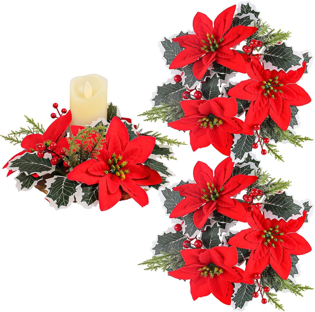 Regine Switzerland Christmas Candle Rings - Artificial Red Poinsettia & Pine Holders | 2 Pcs for Holiday Decor