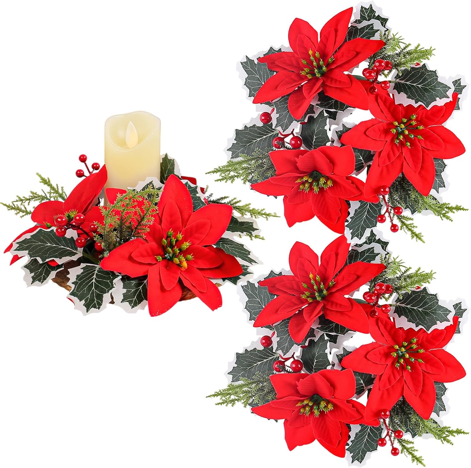 Regine Switzerland Christmas Candle Rings - Artificial Red Poinsettia & Pine Holders | 2 Pcs for Holiday Decor