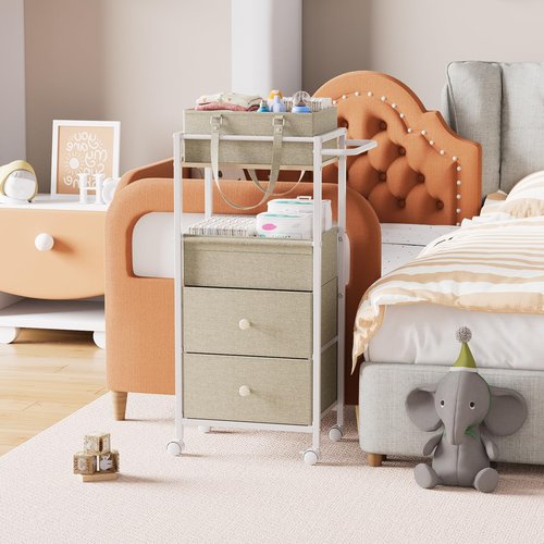 Modanais Baby Diaper Caddy Organizer Cart with Drawers - 3In1 Rolling Storage Cart with Wheels, Removable Diaper Caddy, Detachable Dividers - for Crib, Bedroom, Art & Craft Organizer (Off White)