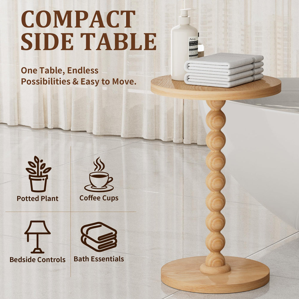 TEROL Round Side Table, Drink Table for Small Spaces, Modern Accent Nightstand with Rubberwood Leg for Living Room, Bedroom, Corners, and Office (Natural)