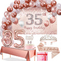 Trgowaul 35th Birthday Decorations Set - Rose Gold Balloon Arch, Banner, Tablecloth & Tiara | Pink & Gold Theme