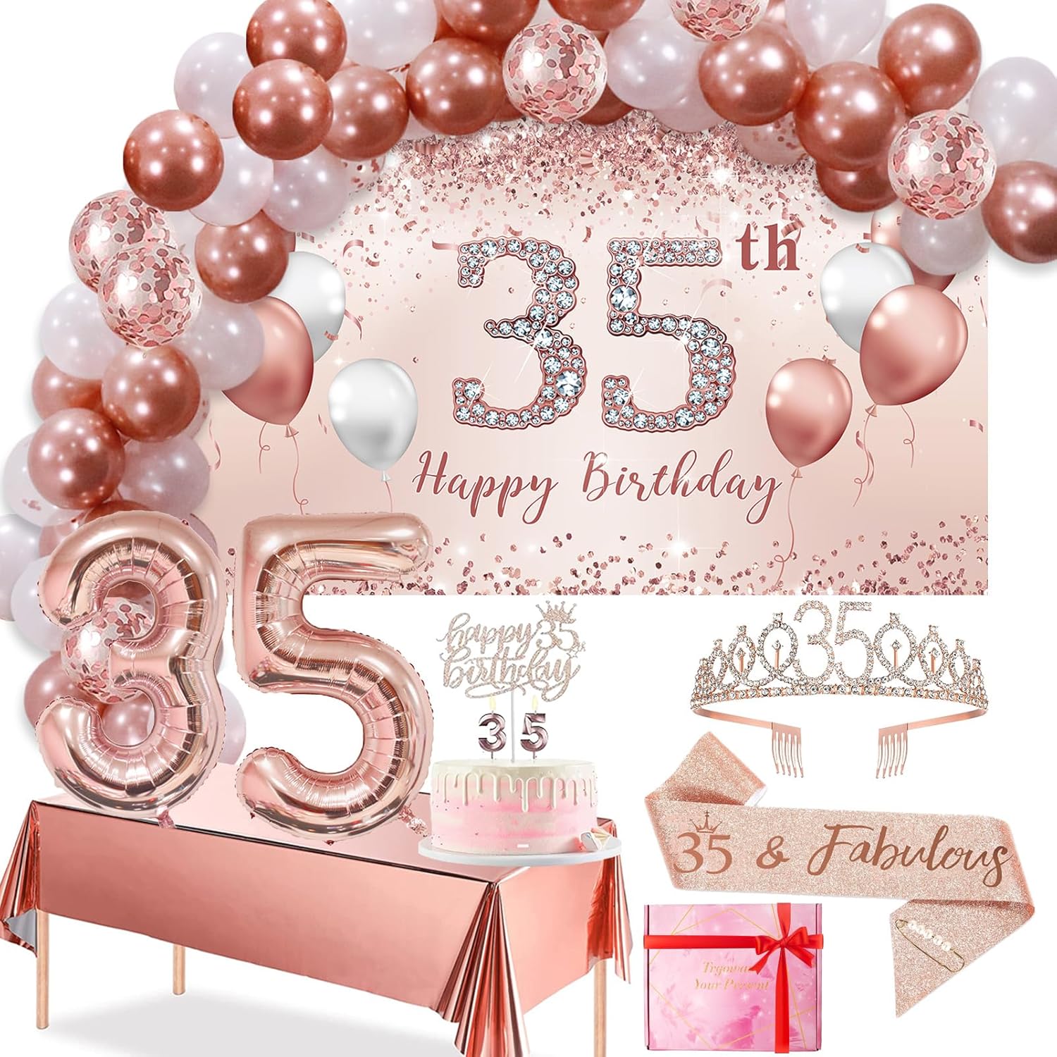Trgowaul 35th Birthday Decorations Set - Rose Gold Balloon Arch, Banner, Tablecloth & Tiara | Pink & Gold Theme