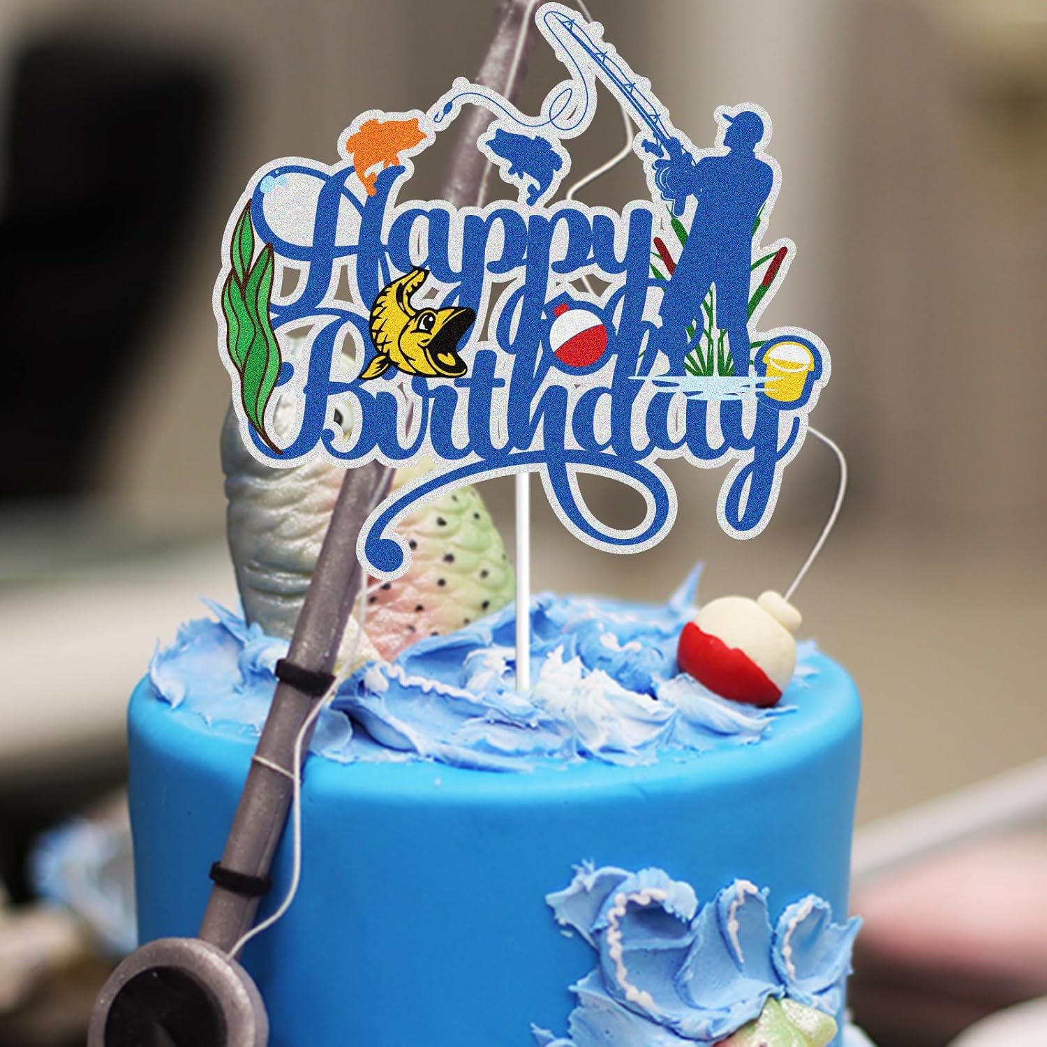 Regine Switzerland Happy Birthday Cake Topper - Blue Glitter Fisherman Design for Kids