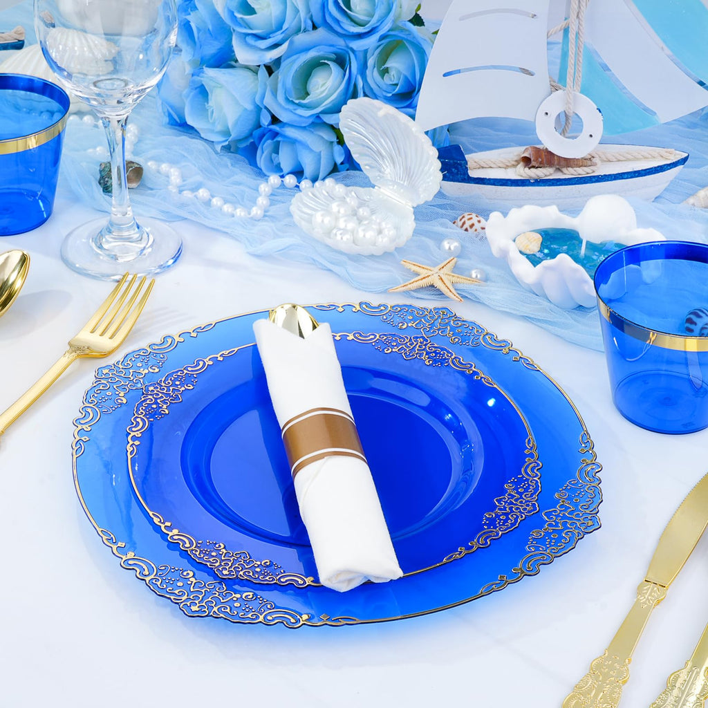 Bestluck 350 PCS Blue and Gold Plastic Plates, Disposable Dinnerware Set for 50 Guests, 100 Disposable Plates, 150 Silverwares, 50 Cups, 50 Napkins for Wedding, Party, Graduation